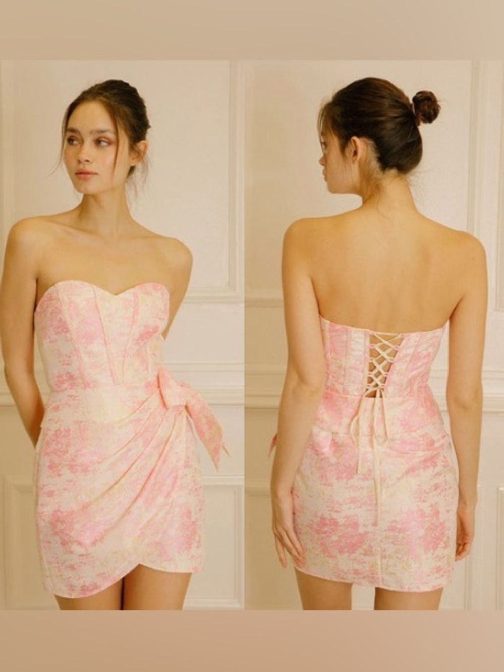 Storia Pink Floral Jacquard Strapless Corset Mini Dress‎ M